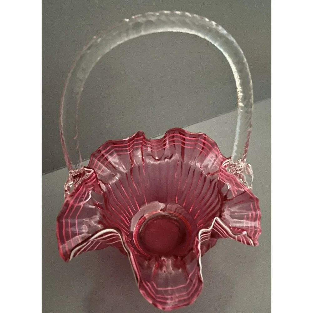 Fenton Cranberry Large Glass Basket White Ribbon Trim Ruffled Edge Grandmacore